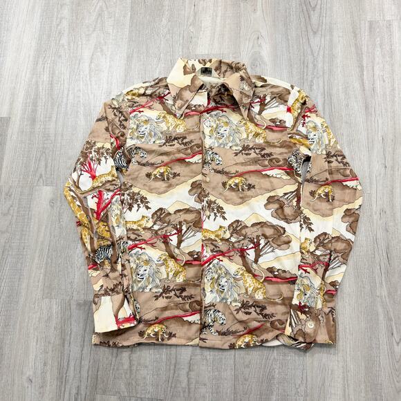Vintage Donegal Jungle Cats Shirt Men's Medium Button Up 70s Tiger Lions Disco